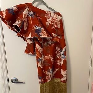 Asos Floral One-Shoulder Dress with Gold Fringe NwT
